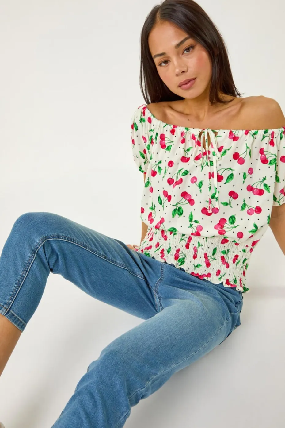 Roman Red Petite Cherry Print Bardot Blouson Top
