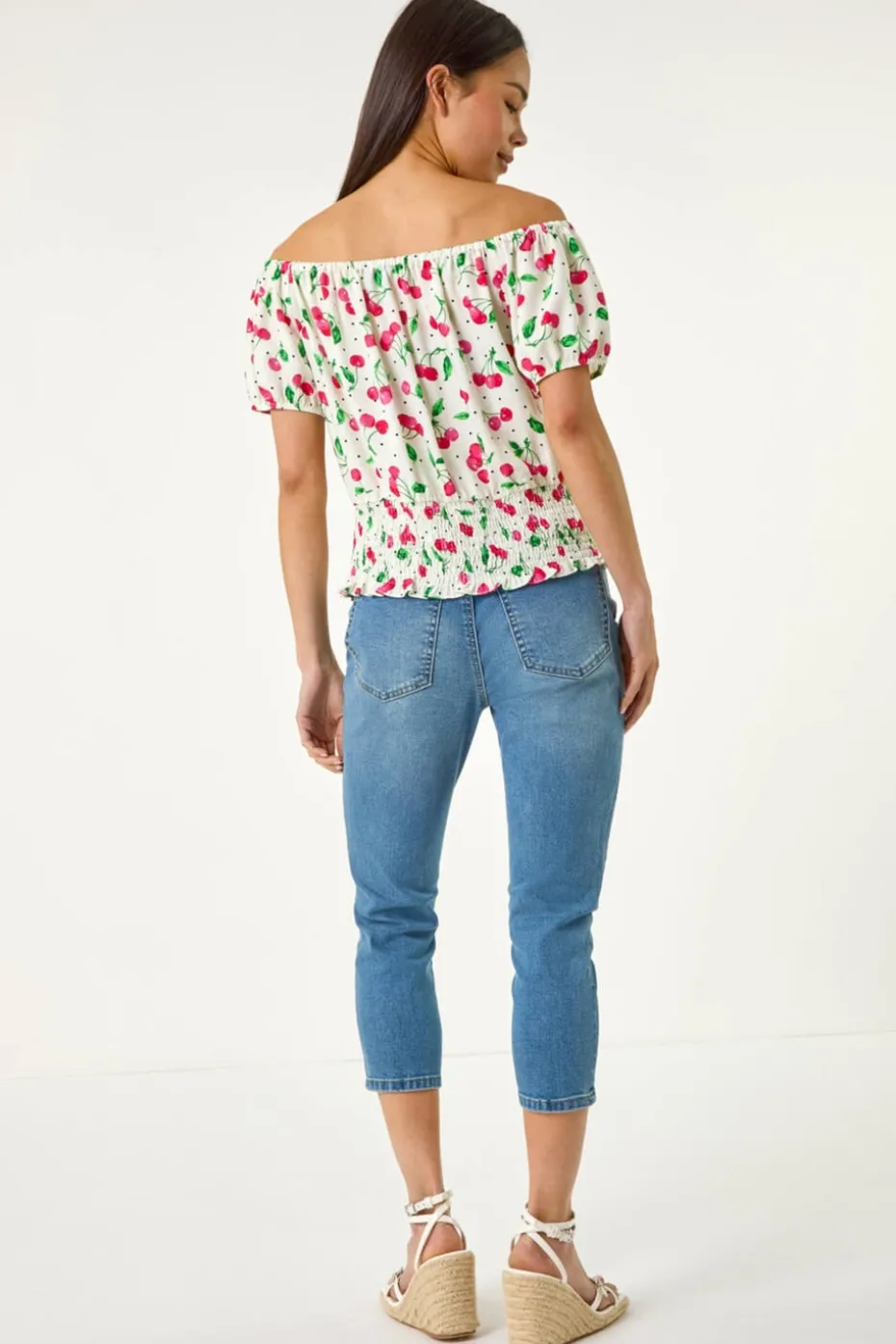 Roman Red Petite Cherry Print Bardot Blouson Top