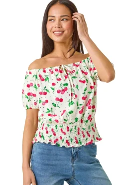 Roman Red Petite Cherry Print Bardot Blouson Top
