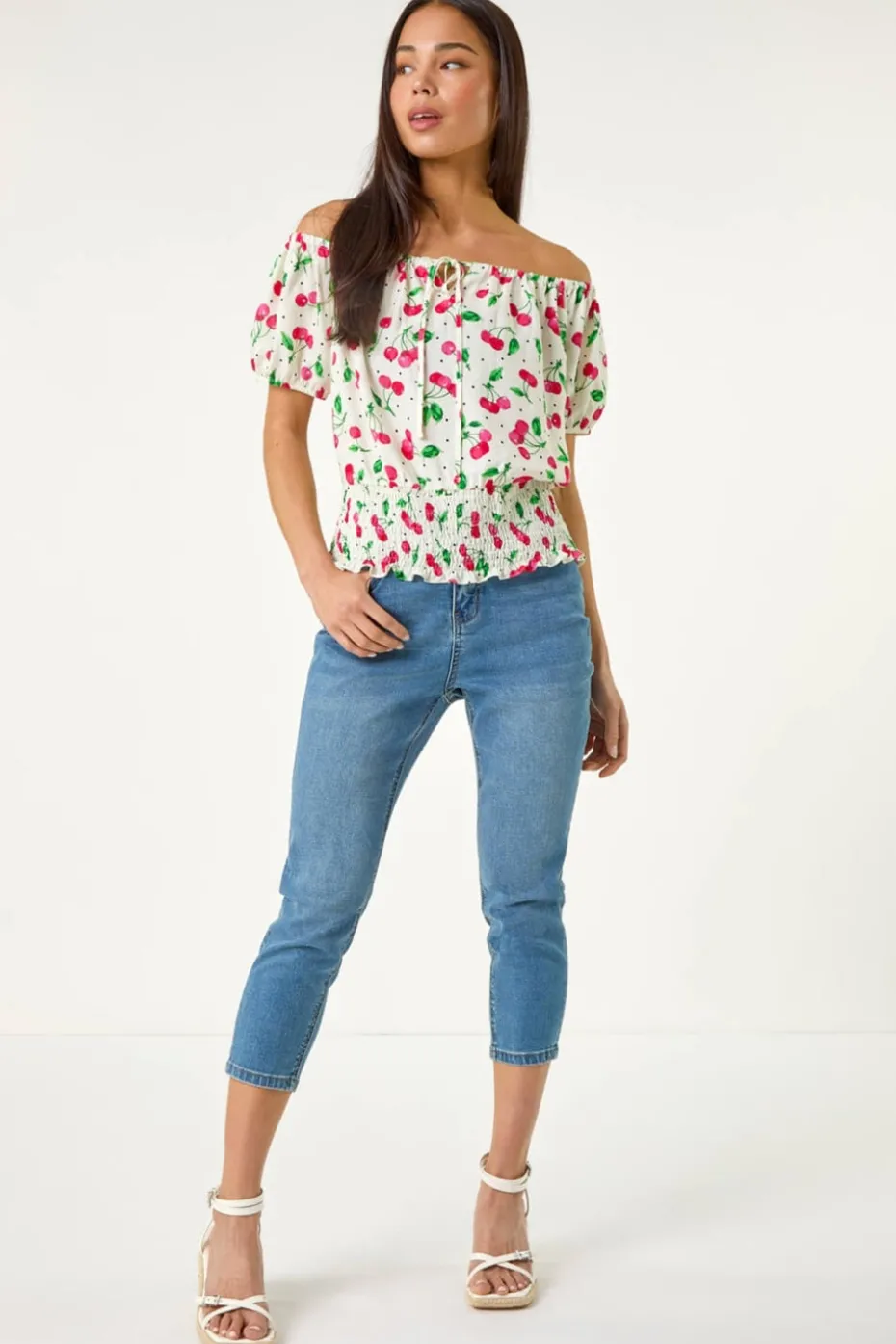 Roman Red Petite Cherry Print Bardot Blouson Top