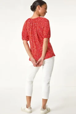 Roman Red Petite Ditsy Print Button Front Top