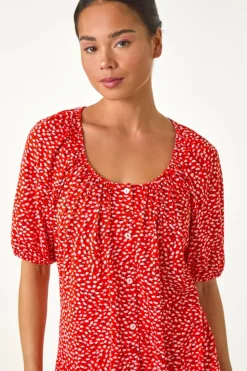 Roman Red Petite Ditsy Print Button Front Top