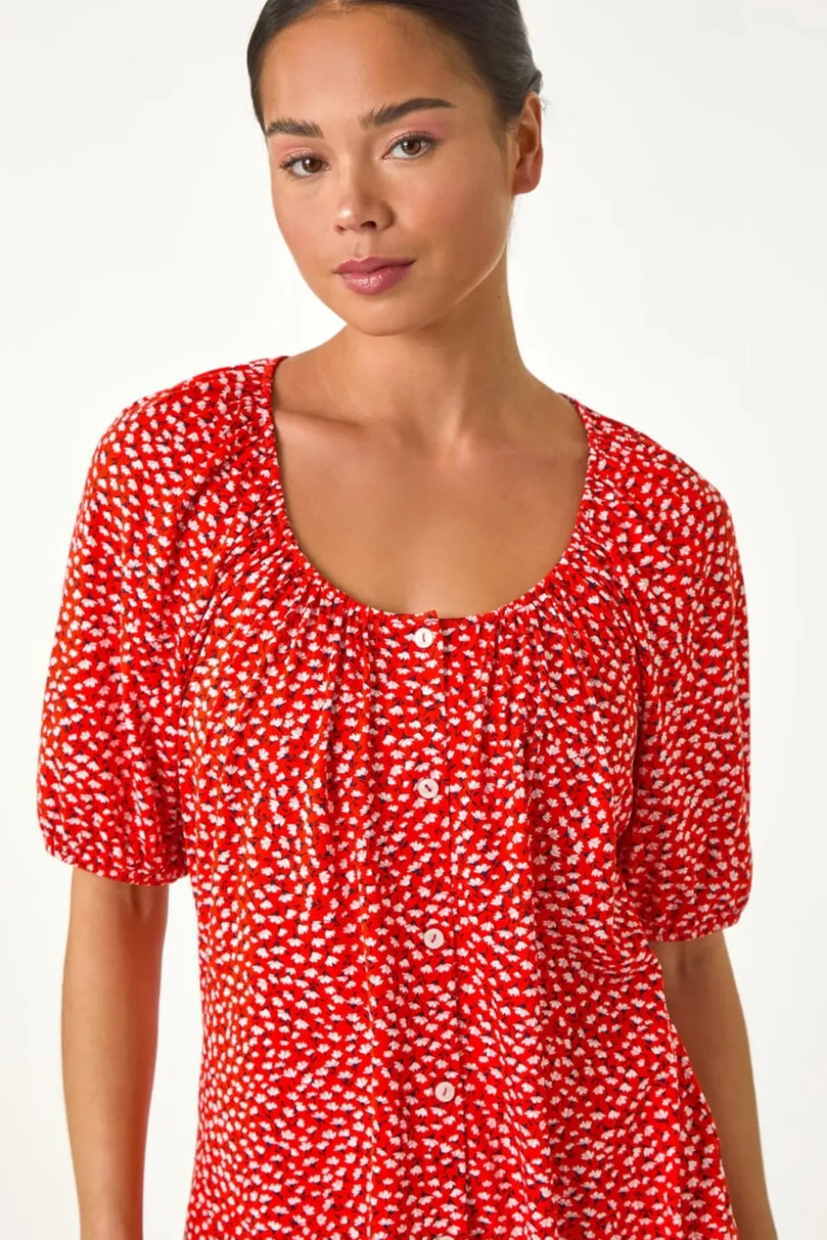 Roman Red Petite Ditsy Print Button Front Top