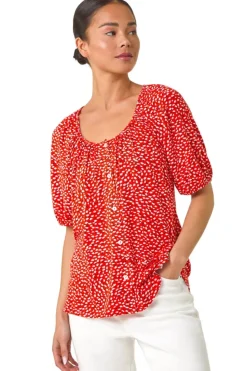 Roman Red Petite Ditsy Print Button Front Top