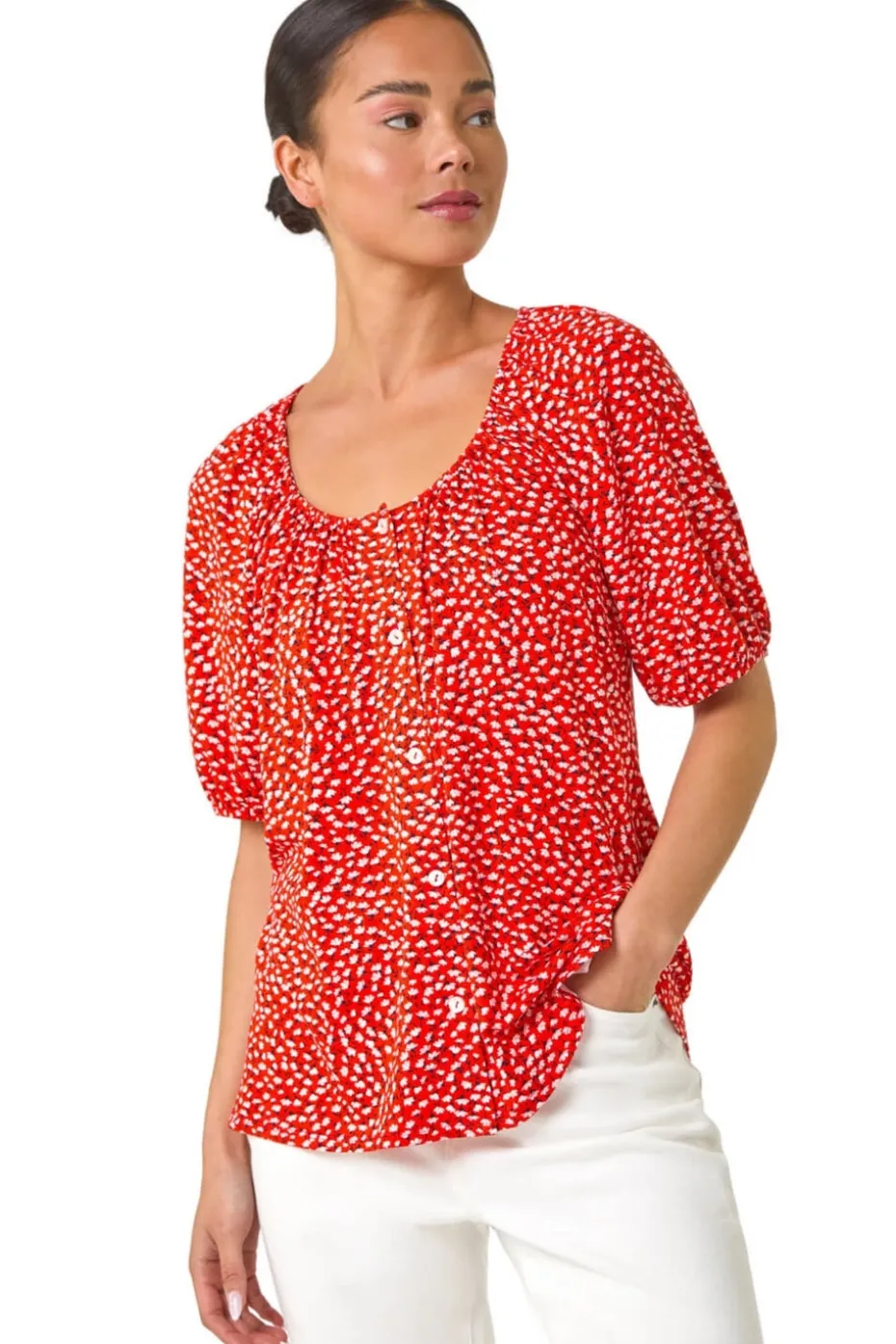 Roman Red Petite Ditsy Print Button Front Top