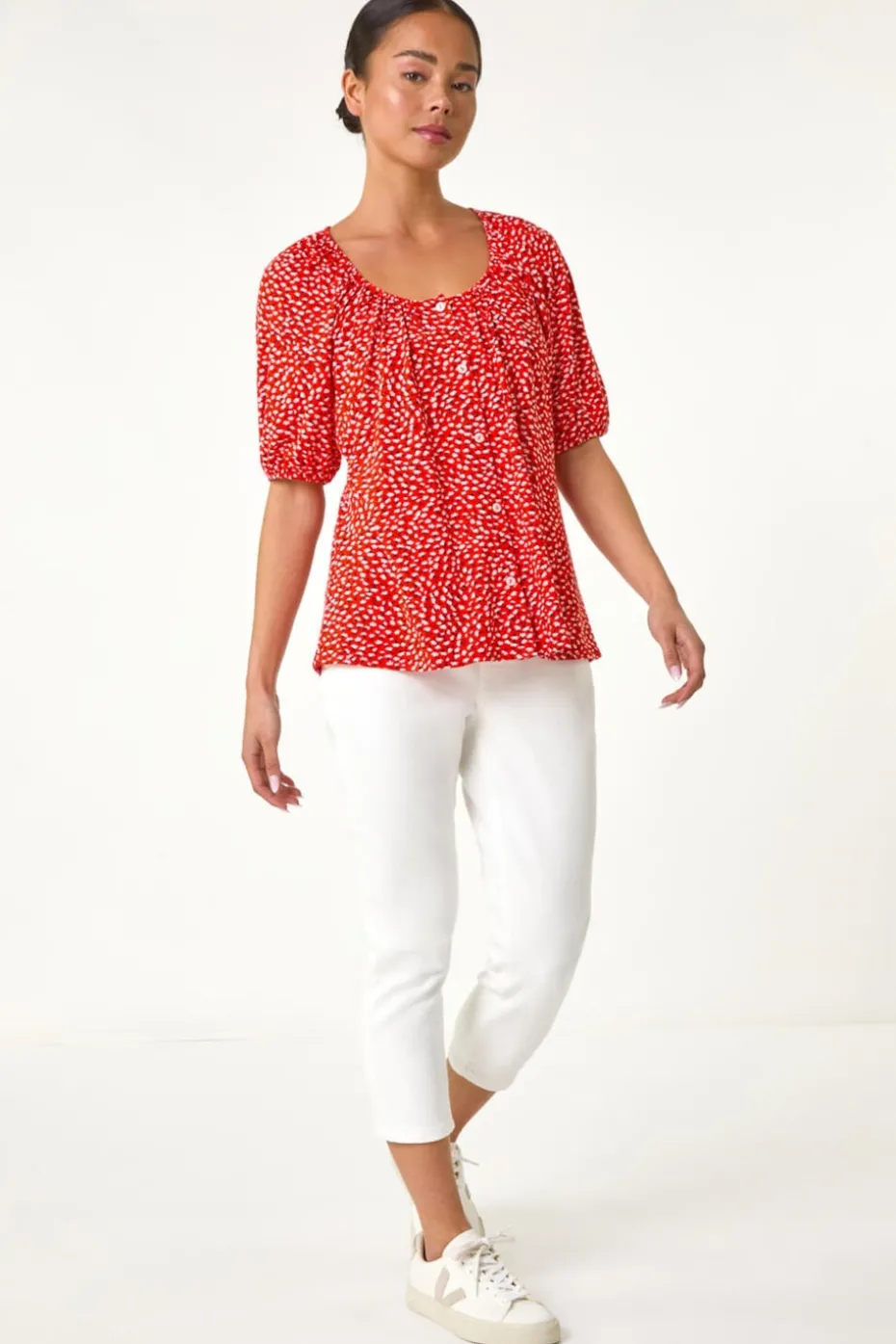 Roman Red Petite Ditsy Print Button Front Top