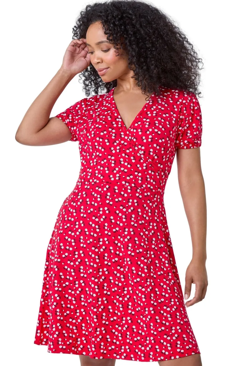 Roman Red Petite Ditsy Wrap Stretch Dress