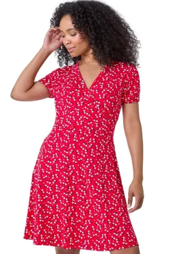 Roman Red Petite Ditsy Wrap Stretch Dress