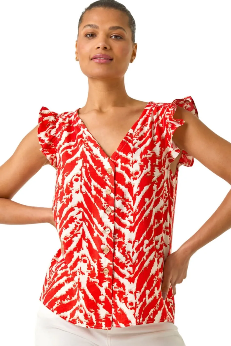 Roman Red Printed Frill Sleeve Button Blouse