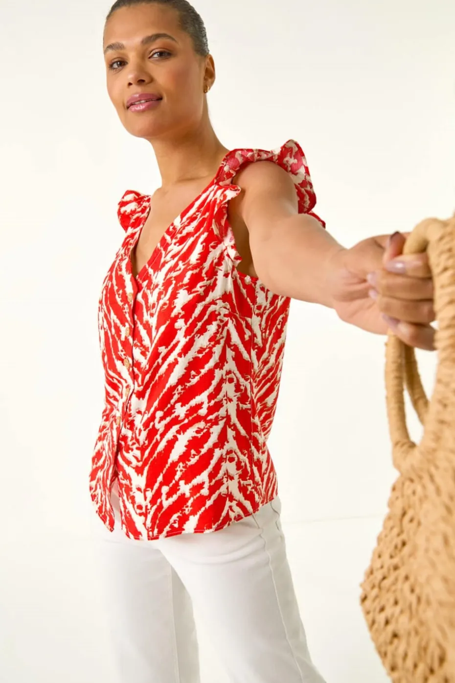 Roman Red Printed Frill Sleeve Button Blouse