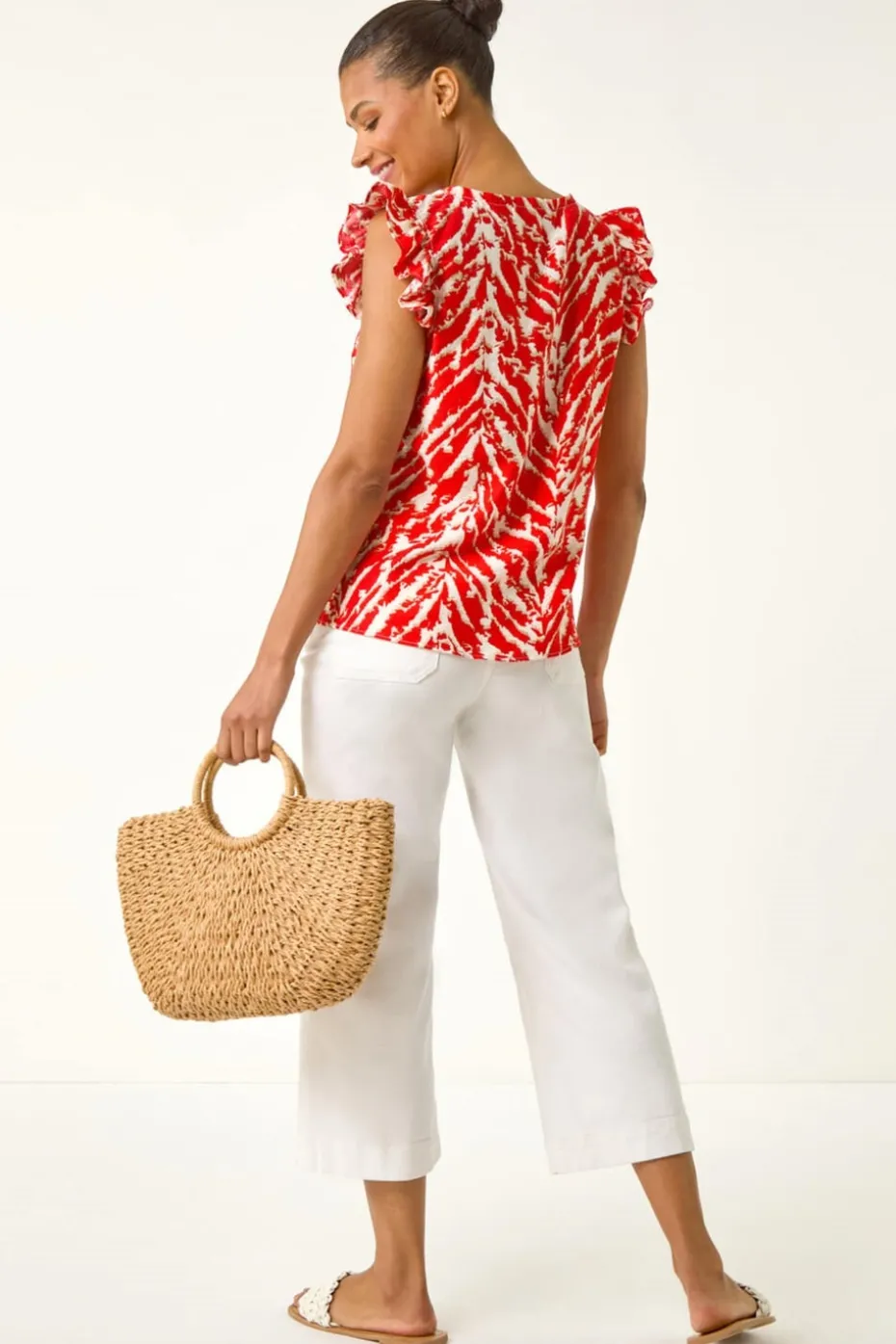 Roman Red Printed Frill Sleeve Button Blouse