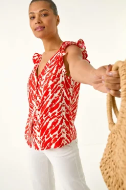 Roman Red Printed Frill Sleeve Button Blouse