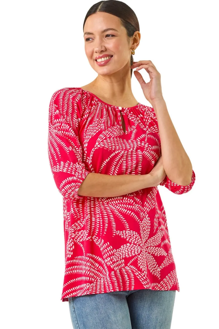 Roman Red Printed Keyhole Front Stretch Top