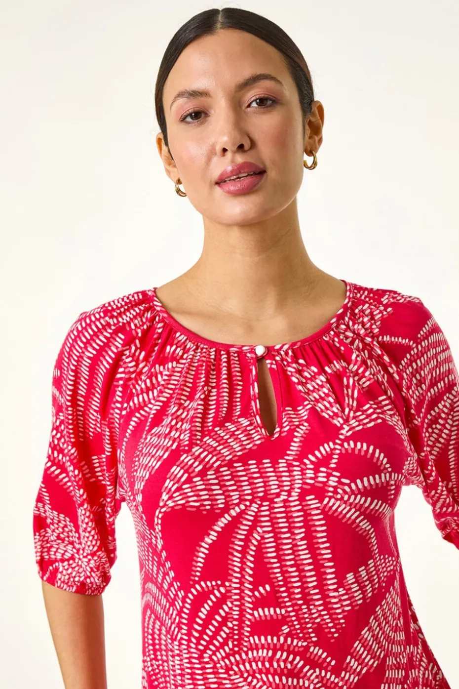 Roman Red Printed Keyhole Front Stretch Top