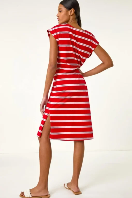 Roman Red Stripe Tie Side Stretch Midi Dress