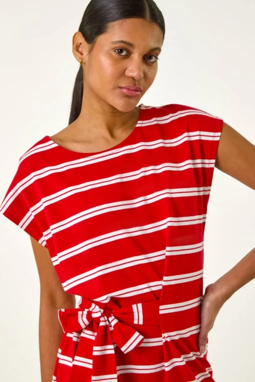 Roman Red Stripe Tie Side Stretch Midi Dress