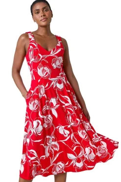 Roman Red Textured Floral Print Midi Stretch Dress