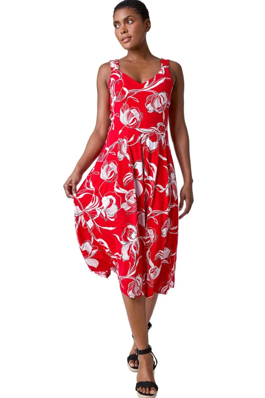 Roman Red Textured Floral Print Midi Stretch Dress