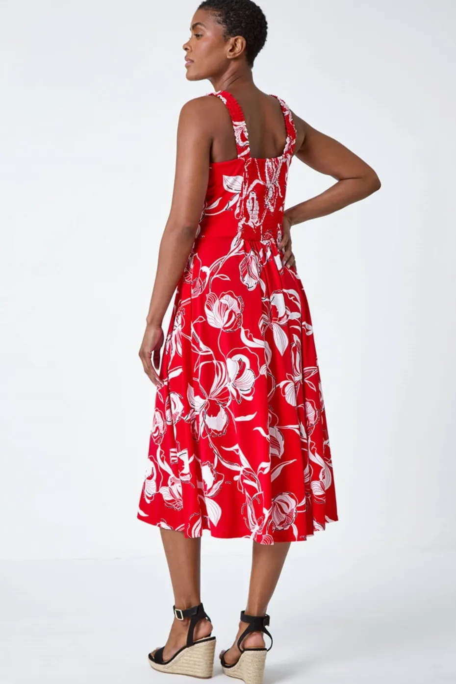Roman Red Textured Floral Print Midi Stretch Dress