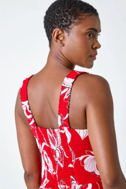 Roman Red Textured Floral Print Midi Stretch Dress