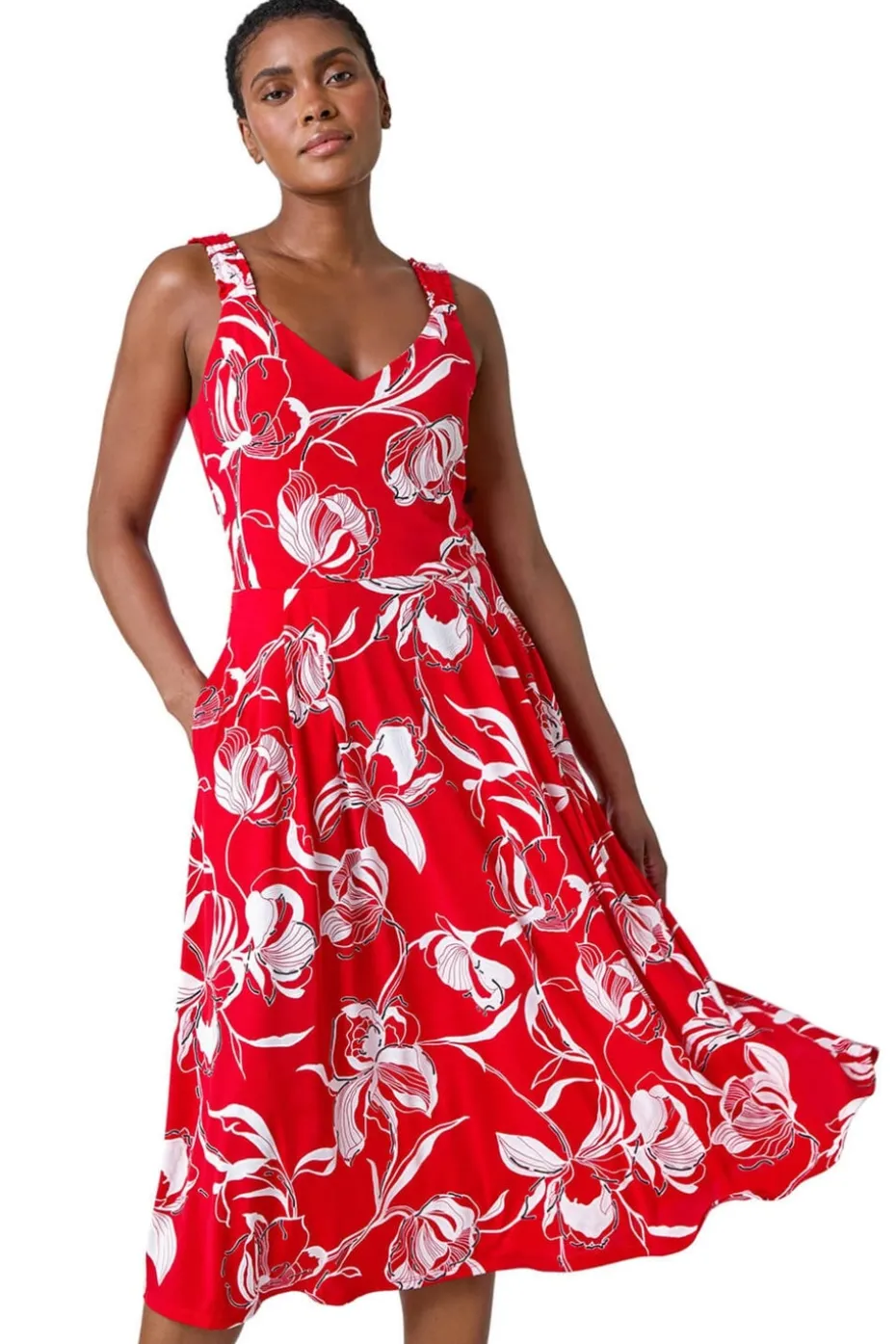 Roman Red Textured Floral Print Midi Stretch Dress