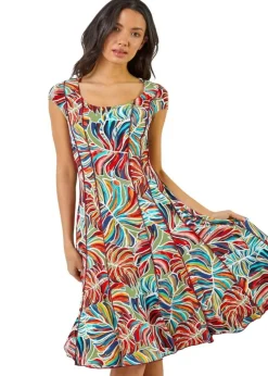 Roman Red Textured Leaf Print Panel Dress