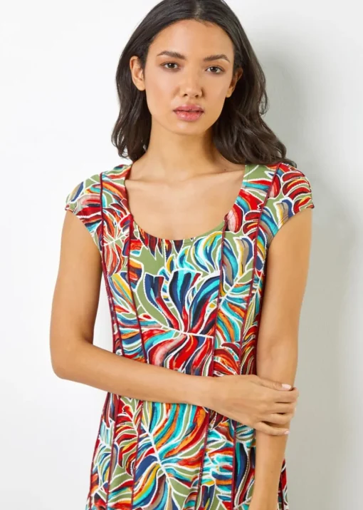 Roman Red Textured Leaf Print Panel Dress