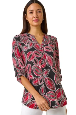 Roman Red Textured Leaf Print V-Neck Stretch Shirt