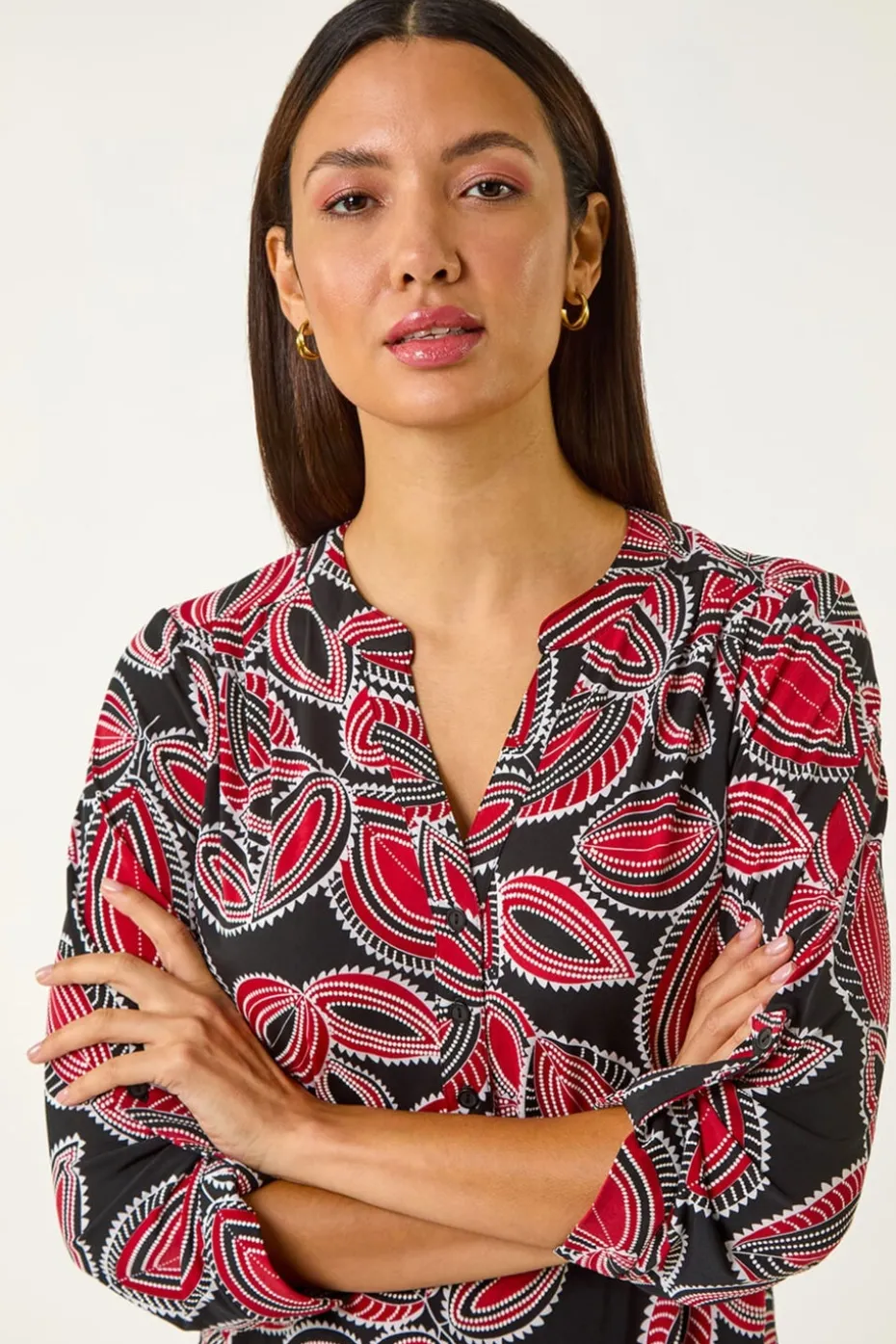 Roman Red Textured Leaf Print V-Neck Stretch Shirt
