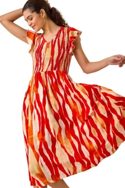Roman Red Wave Print Shirred Midi Dress