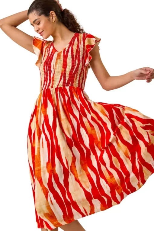 Roman Red Wave Print Shirred Midi Dress