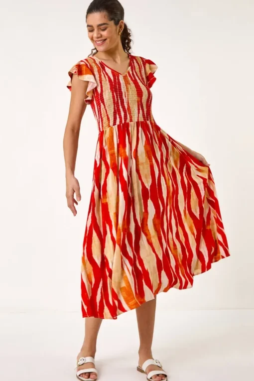 Roman Red Wave Print Shirred Midi Dress