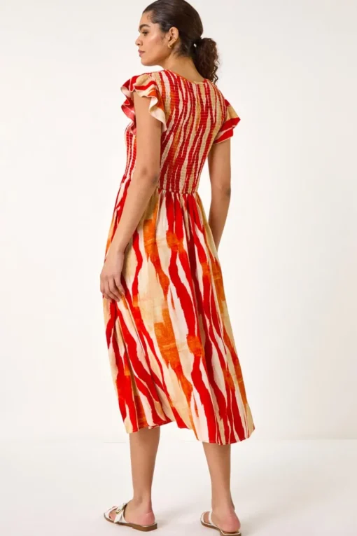 Roman Red Wave Print Shirred Midi Dress