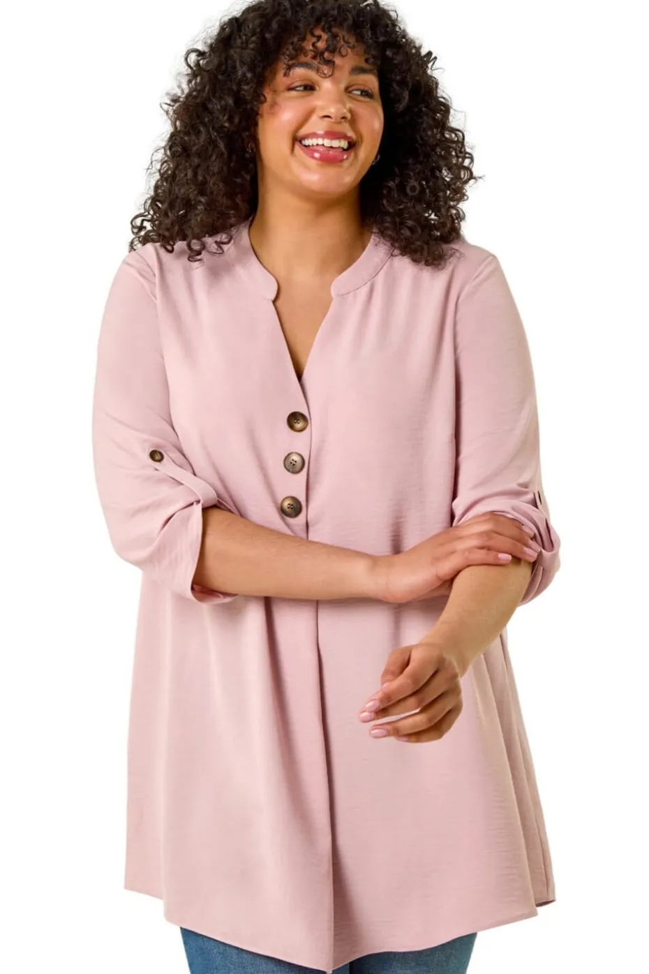 Roman Rose Curve Textured Buttoned Tunic Top