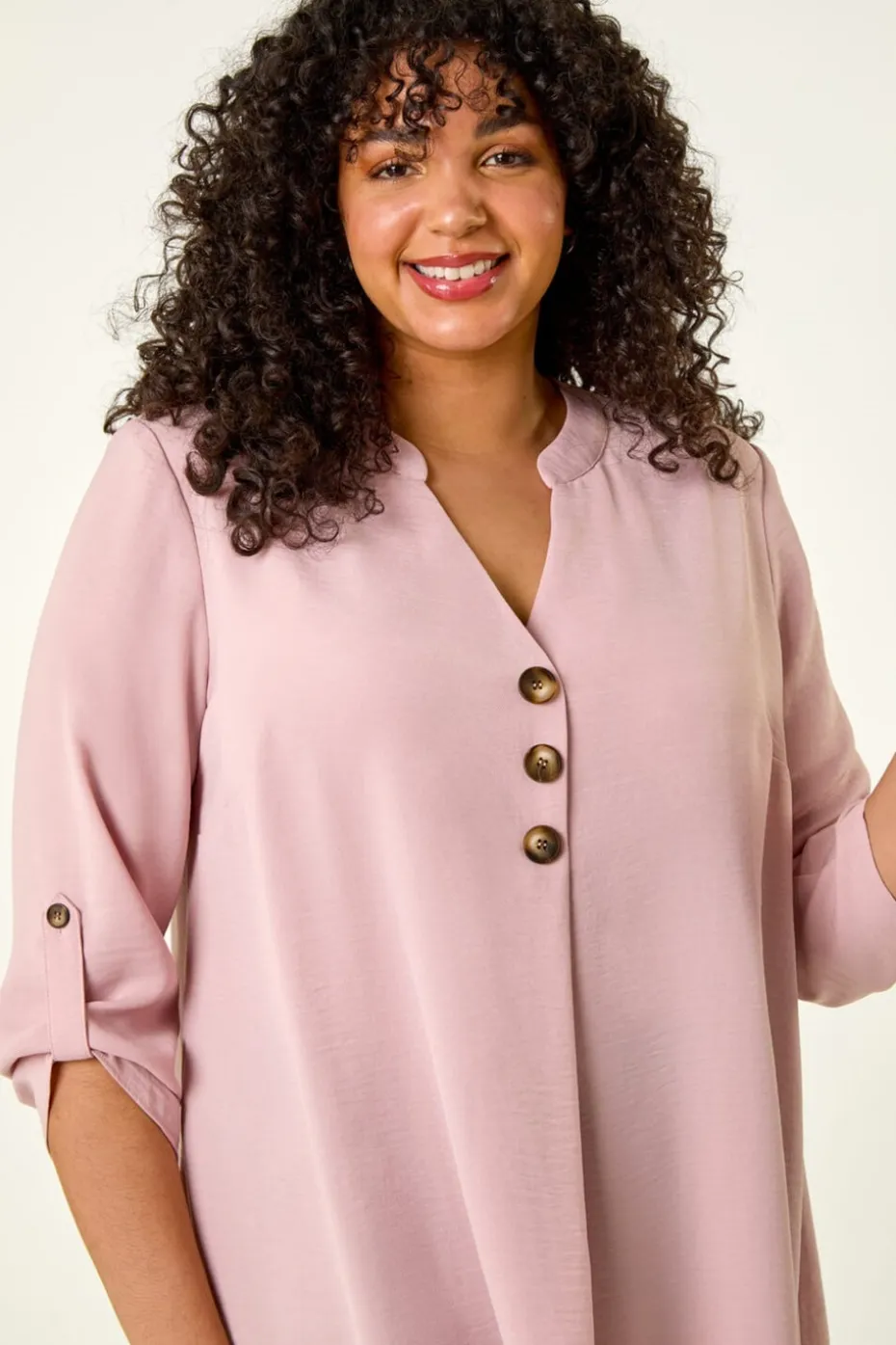 Roman Rose Curve Textured Buttoned Tunic Top