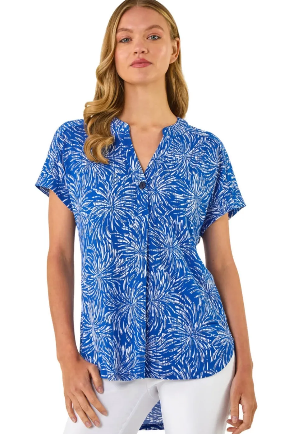 Roman Royal Blue Abstract Print V Neck Stretch Top