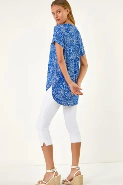 Roman Royal Blue Abstract Print V Neck Stretch Top