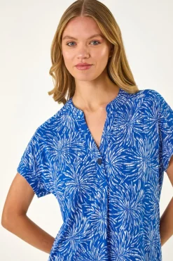 Roman Royal Blue Abstract Print V Neck Stretch Top