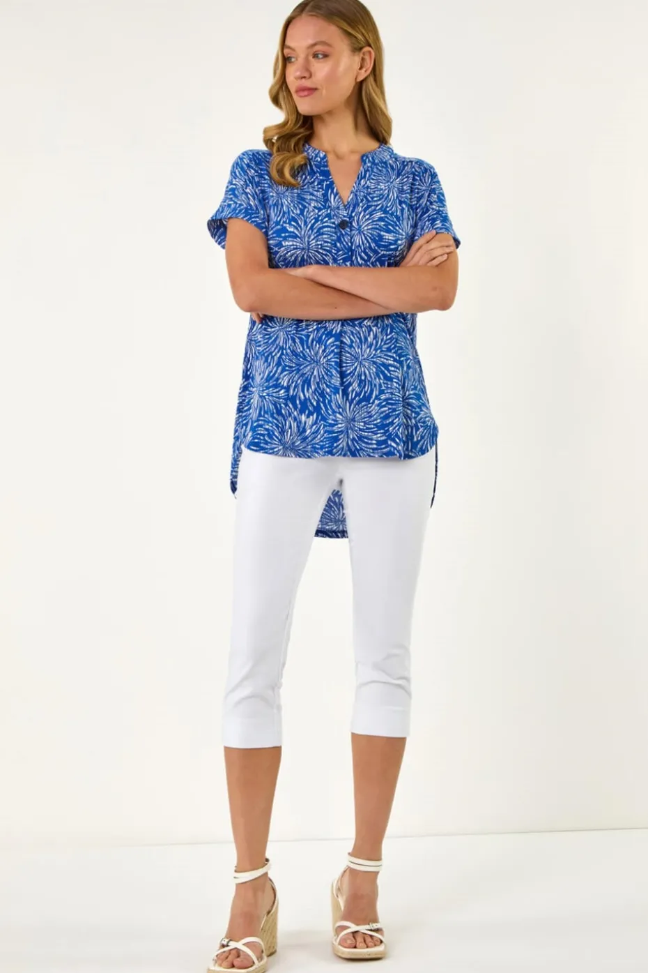 Roman Royal Blue Abstract Print V Neck Stretch Top