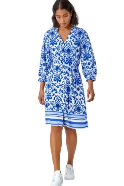 Roman Royal Blue Abstract Border Print Shirt Dress