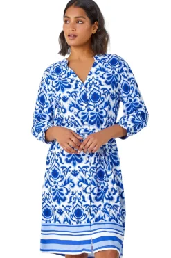 Roman Royal Blue Abstract Border Print Shirt Dress