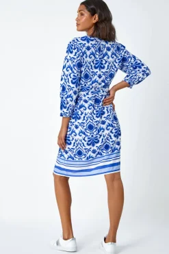 Roman Royal Blue Abstract Border Print Shirt Dress