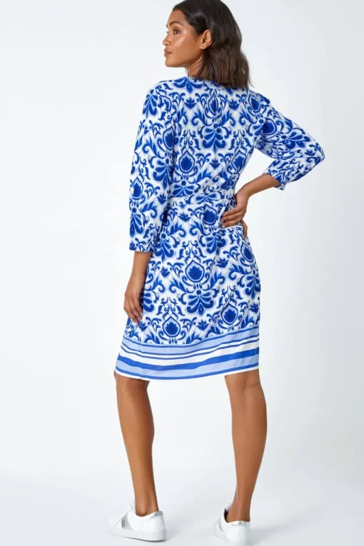 Roman Royal Blue Abstract Border Print Shirt Dress