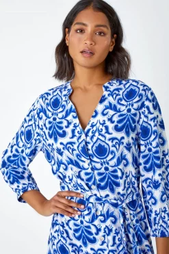 Roman Royal Blue Abstract Border Print Shirt Dress