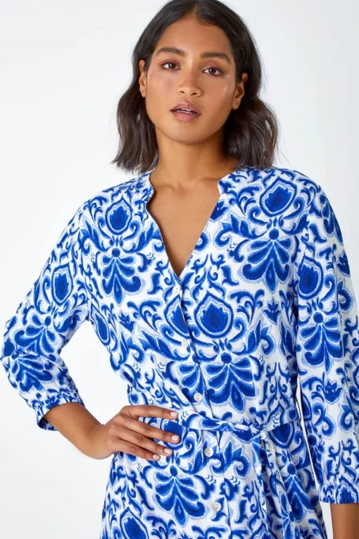 Roman Royal Blue Abstract Border Print Shirt Dress