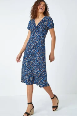 Roman Royal Blue Animal Twist Front Midi Stretch Dress
