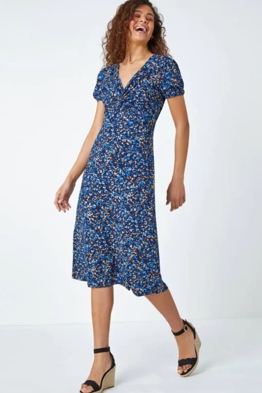 Roman Royal Blue Animal Twist Front Midi Stretch Dress