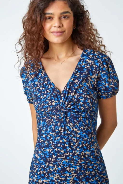 Roman Royal Blue Animal Twist Front Midi Stretch Dress