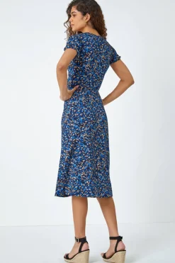 Roman Royal Blue Animal Twist Front Midi Stretch Dress