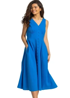 Roman Royal Blue Button Detail Cotton Midi Dress